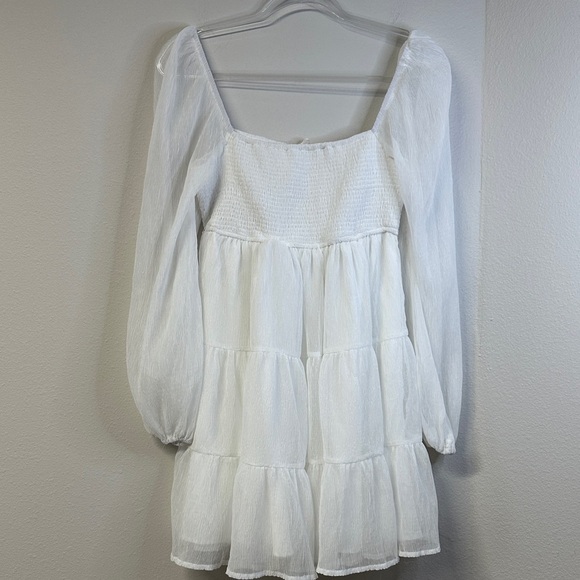 Altar’d State Harley White Babydoll Mini Dress S Smocked Puff Sleeve Cottagecore - Picture 2 of 7